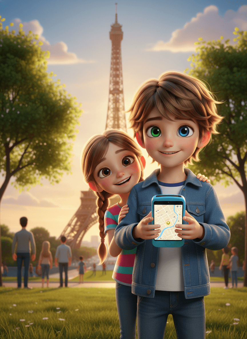 A boy and his sister standing beneath the Eiffel Tower in Paris with a blue FirstPhone showing a map and a GPS pin — Pixar 3D