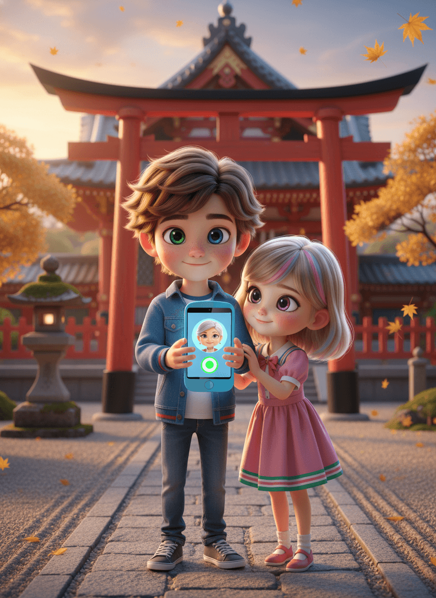 A brother and sister in the courtyard of a Zen temple in Kyoto with a red torii gate, a blue FirstPhone showing a video call with grandma — Pixar 3D