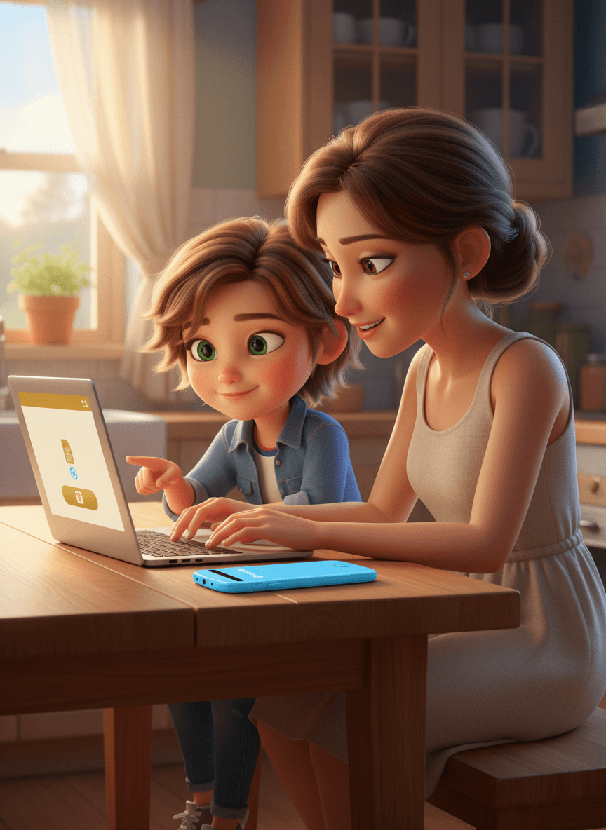 A mom and her daughter at a laptop downloading the MeWatch app — Pixar 3D style