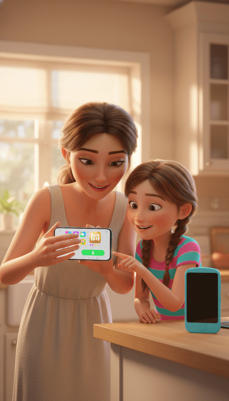A mom and her daughter charging the K12 Light for the first time — Pixar 3D style