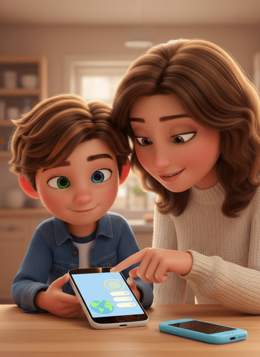 A mom scanning a QR from the back of a K12 Light with a golden reticle — Pixar 3D style