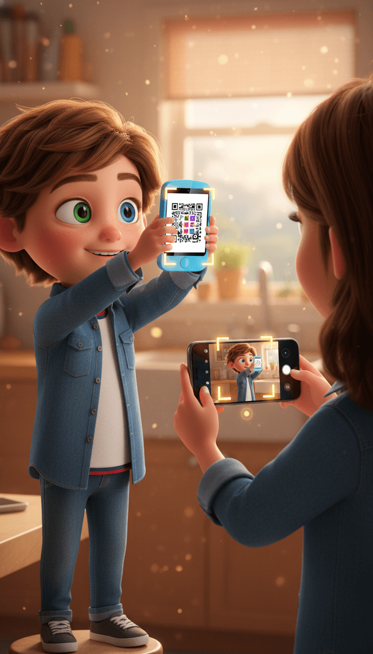 A mom and her daughter setting contacts and a virtual fence in the MeWatch app — Pixar 3D style
