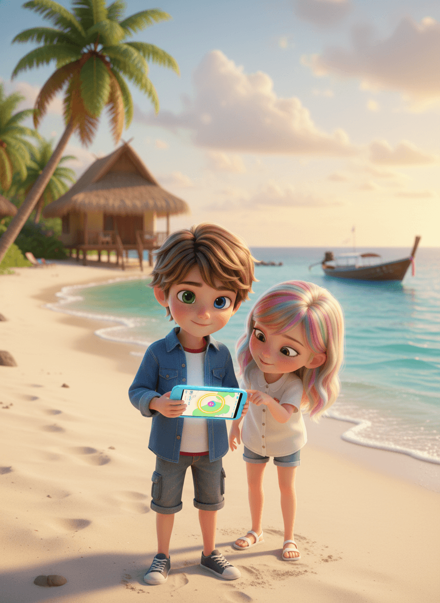 A brother and sister on a Koh Samui beach in Thailand with a bungalow behind them, a blue FirstPhone showing a map with a virtual fence — Pixar 3D