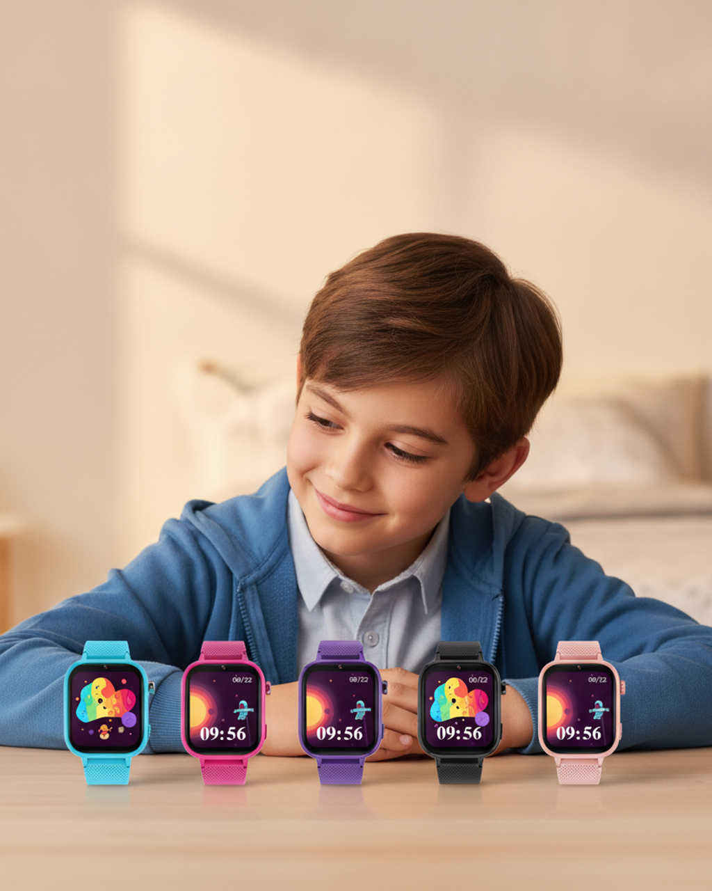 A child with all five MeWatch K12 Ultra colors